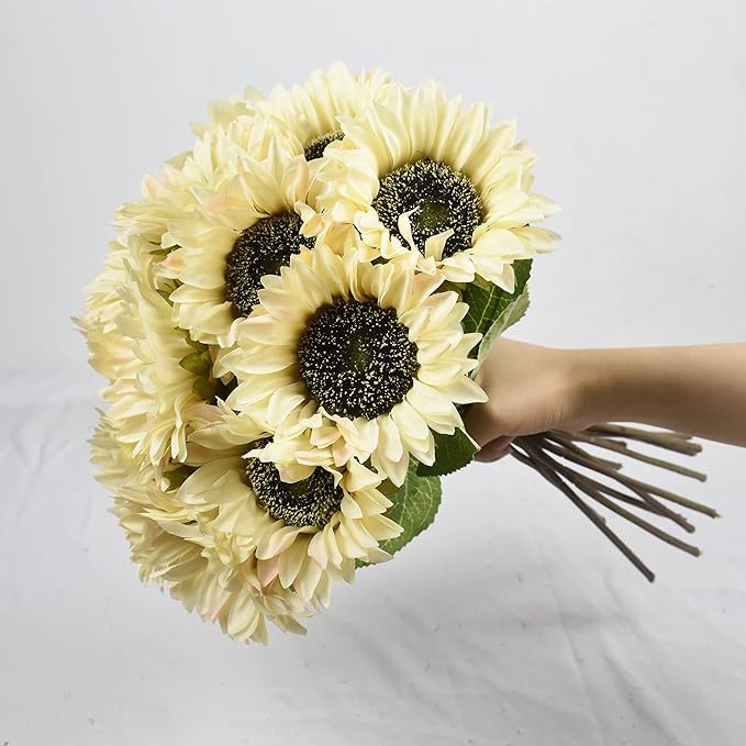 White Artificial Sunflower Flowers 8 Pcs Single Long Stem Silk Fake Sunflowers Bridal Wedding Bouquet Fake Yellow Flower Arrangements for Outdoor