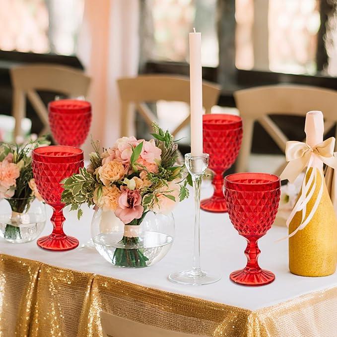 24 Pcs Vintage Wine Glasses, 10 Ounce Colored Glass Water Goblets, Unique Embossed Pattern High Clear Stemmed Glassware Wedding Party Bar Glass Drinking Cups, Diamond Red Glasses Set of 24