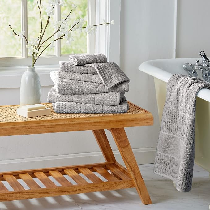 Market & Place 100% Cotton Super Soft Luxury Hand Towel Set | Quick-Dry and Highly Absorbent | Waffle Textured | 550 GSM | Includes 6 Hand Towels | Harper Collection (Light Grey)