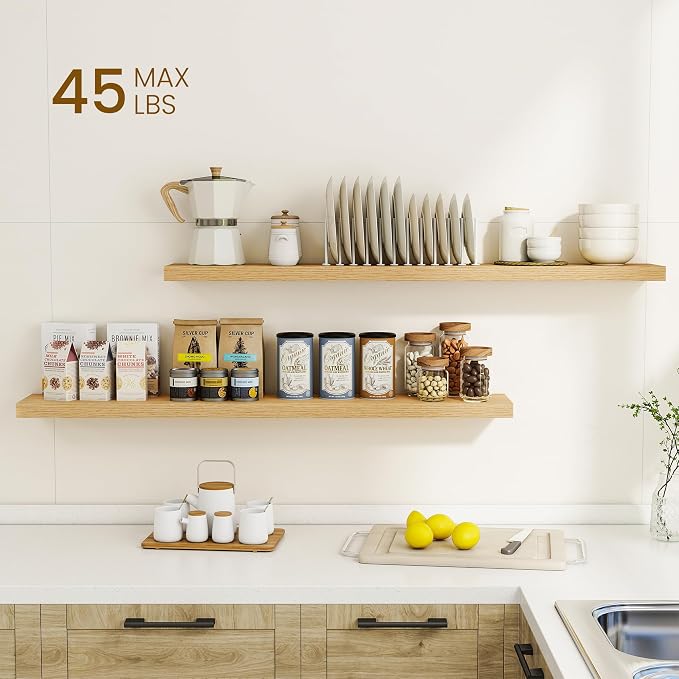 Dreamland 48Inch Floating Shelves for Wall, Rustic Wooden Storage Shelf for Living Room, Kitchen, Farmhouse, Wall Mounted Display Shelving with Invisible Heavy-Duty Metal Bracket, Set of 2 - Oak