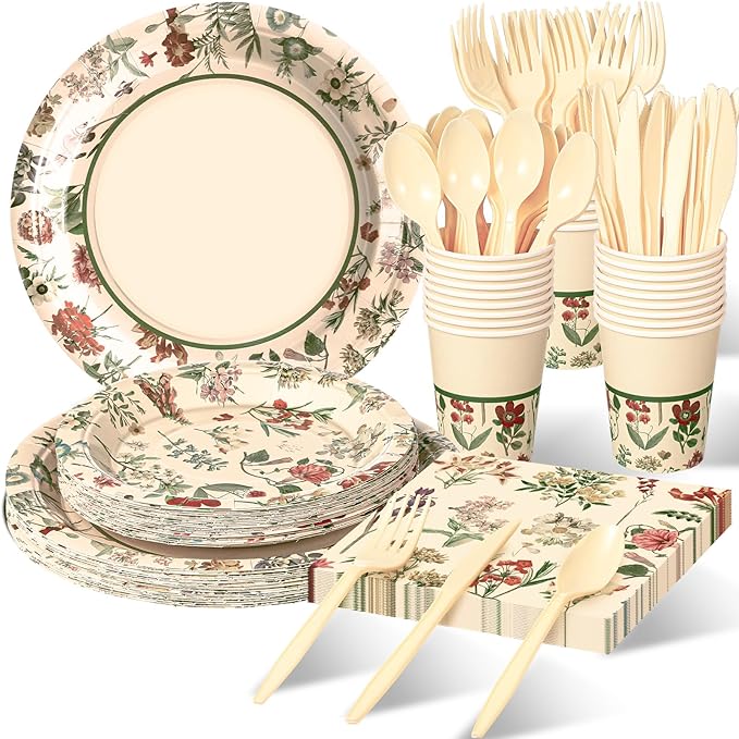 Roshtia 50 Set Floral Party Supplies Flower Paper Plates Napkins Tablewares Disposable Flower Dinnerware for Girls Women Floral Birthday Tea Party Decorations Favors