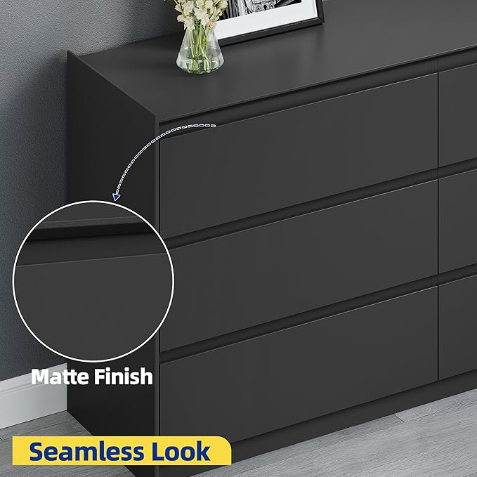 Black Dresser for Bedroom, 54" Wide Chest of Drawers, Simply Modern 6 Drawer Storage Organizer for Closet, Hallway, or Living Room