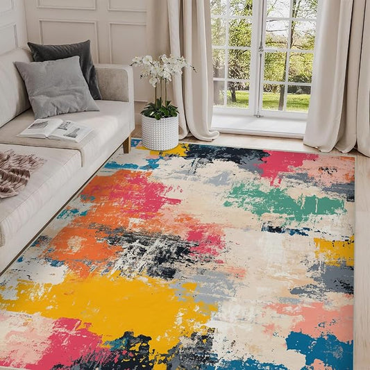5x7 Colorful Area Rug Modern Abstract Beige Orange Yellow Pink Blue Black White Grey Rug Bedroom Low Pile Thin Large Carpet Living Room Non Slip Dining Room Stain Resistant Office Washable Machine