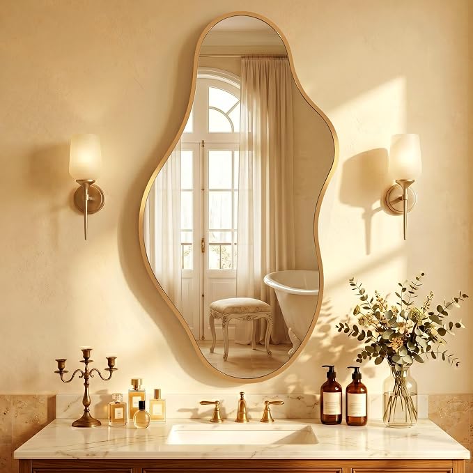 Dorlicecass Bathroom Mirrors for Over Sink - Long Wall Mirrors Decorative 20"x 36" Asymmetrical Abstract Aviation Aluminum Alloy Frame Unique for Bedroom, Living Room, Cloakroom, Entryway Gold