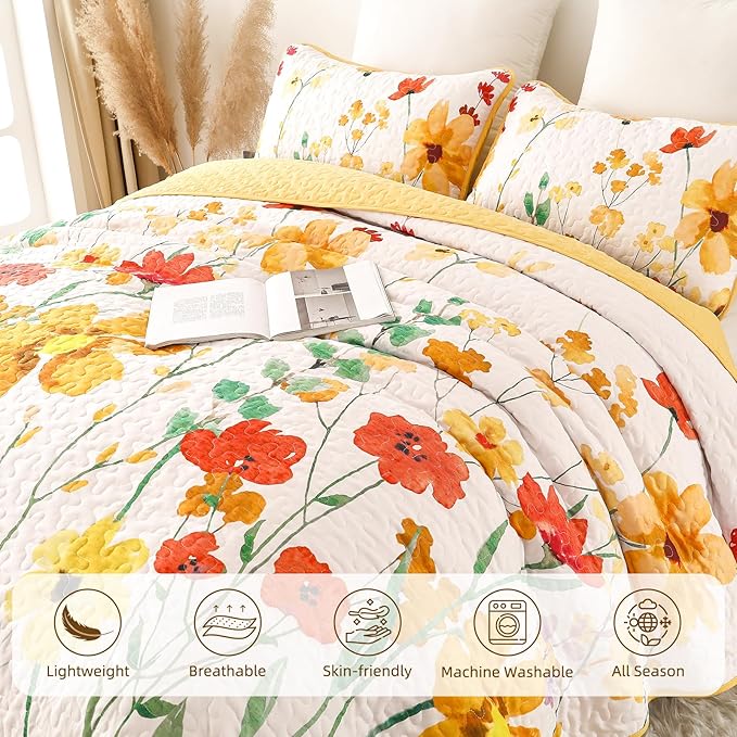 Anibedding Yellow Quilt Set King Size, Yellow Floral Reversible Bedspread Soft Microfiber Lightweight King Size Quilt Bedding Sets Reversible Coverlet for All Season(King, 104"x90")