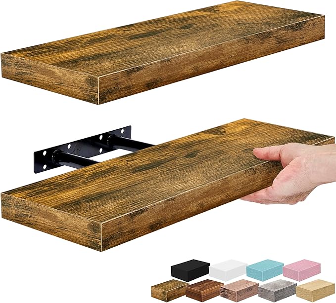 Sorbus Floating Shelves for Wall – 16 Inch Floating Shelf for Kitchen, Bedroom, Living Room, Bathroom, Home & Wall Decor - Mounted Bathroom Shelves with Invisible Brackets (Rustic Brown, 2 Pack)