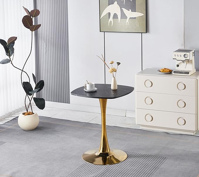 Square Tulip Dining Table 24 Inch for 2-4 People, Small Round Kitchen Table with Black MDF Top and Golden Metal Pedestal Base, Modern Bistro Table for Apartment Cafe Office Living Room