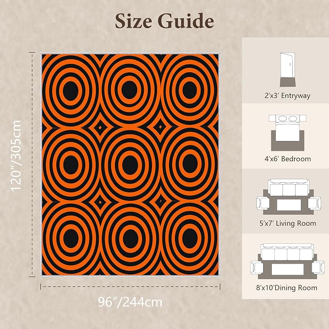 Retro Rings Area Rug 8x10, Optical Geometric Circle Rug, Bold Retro Pattern Carpet for Living Room Bedroom, Non Slip Soft Area Rug