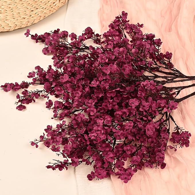 Yastouay Fake Fall Flowers Real Touch Silk Flowers, 5Pcs Fall Burgundy Artificial Flowers for Decorations, Babys Breath Artificial Flowers Bulk for Thanksgiving Fall Decor Floral Arrangement
