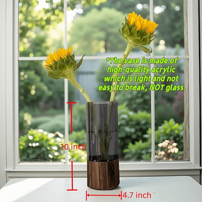 Shatterproof Acrylic Flower Vase with Wood Base–10”H*4.7''W Modern Table Centerpiece for Home Office Decor, Holds Fresh/Dried Stems, Lightweight&Stable, Present for Housewarming Christmas (Cylinder)