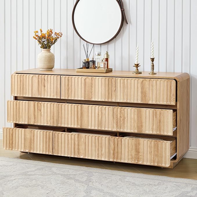 Fluted 9 Drawer Dresser for Bedroom, 60" Wide Modern Chest of Storage Drawers, Wood Dresser & Chest of Drawers with Curved Corners, Dressers TV Stand for Living Room (60" Natural 9 Drawer)