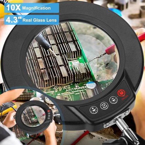 Coyeth 10X Magnifying Glass - 2-in-1 Lighted Magnifier with Adjustable Clamp & 5 Color Modes for Crafts, Reading, Sewing