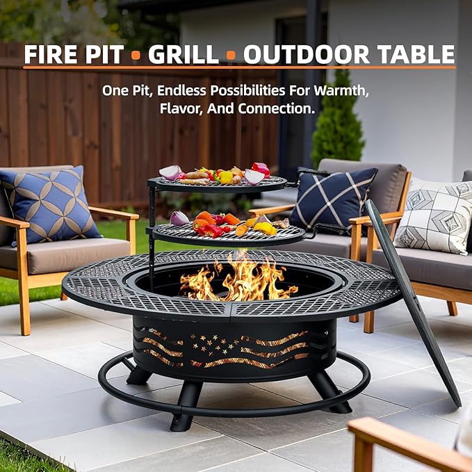Panovue 47 Inch Fire Pit with 2 Cooking Grates, Outdoor Wood Burning BBQ Grill Firepit Bowl with Cover Lid, Steel Round Table for Backyard Bonfire Patio Picnic (Black, 47IN)