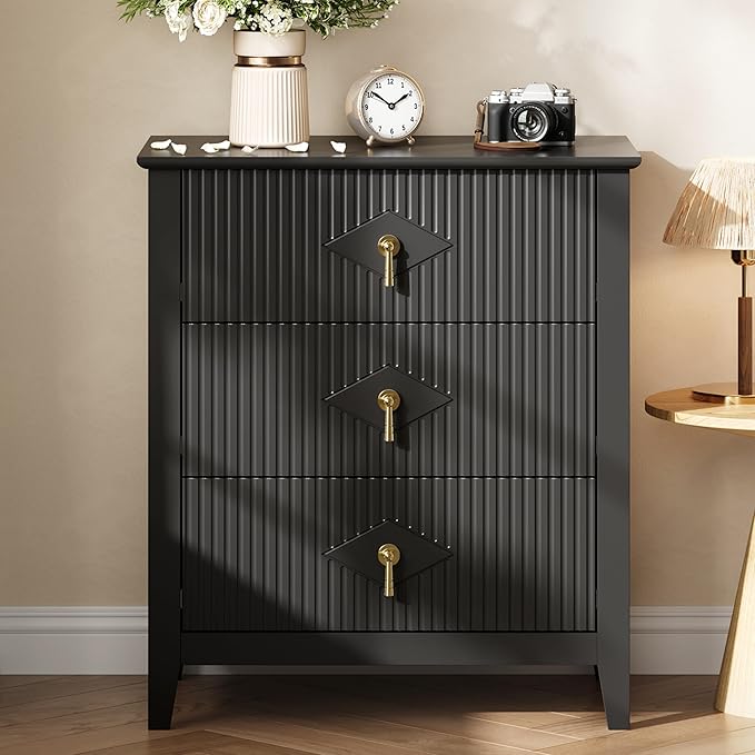 GarveeHome Wood Nightstand Fluted Dresser for Bedroom, 27.5" Wide 3-Drawer Bedside Tables, Modern Chest of Drawers, Storage End Table Living Room, Hallway, Entryway, Black