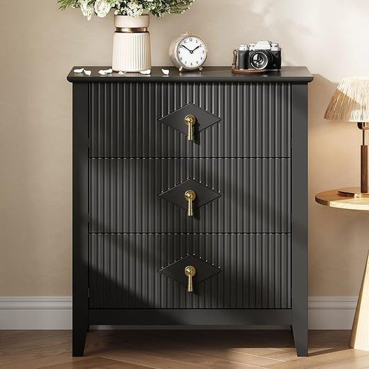 GarveeHome Wood Nightstand Fluted Dresser for Bedroom, 27.5" Wide 3-Drawer Bedside Tables, Modern Chest of Drawers, Storage End Table Living Room, Hallway, Entryway, Black