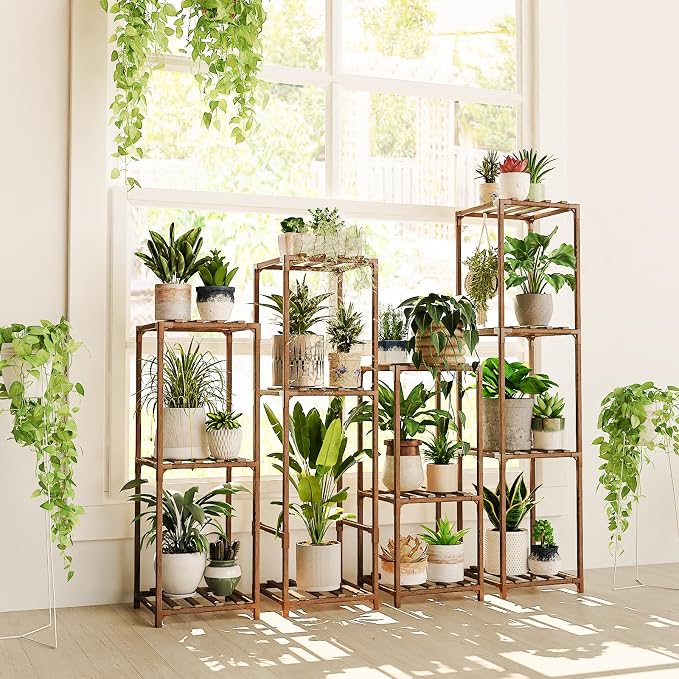 Bamworld Tall Plant Stands Indoor 4 Sets Plant Shelves Outdoor Wooden Plant Holder for Multiple Plants Flower Stands for Living Room Balcony Garden Patio Lawn Window