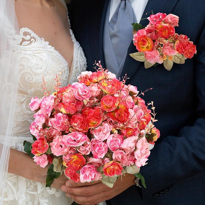 Geosar 8 Pcs Rose Artificial Flowers Fake Flowers Bouquet 21 Heads Silk Faux Floral Bundles with Stem for Home Bridal Wedding Arrangements Table Centerpieces Party Decor (Rose Red)