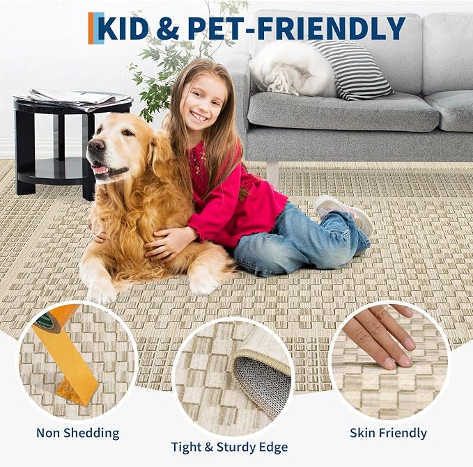Washable Area Rugs 8x10 Rug for Living Room Modern Bedroom Rug Plaid Farmhouse Large Area Rug Non Slip Throw Rugs Soft Low Pile Stain Resistant Carpet for Dining Room 8'x10' Beige