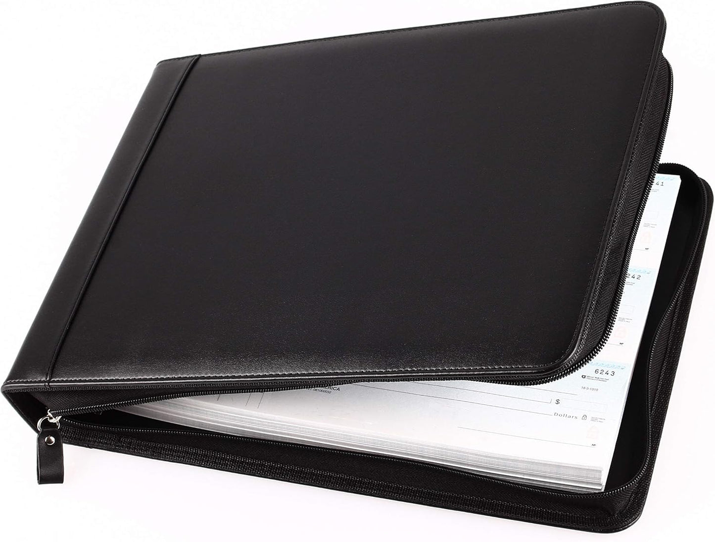2Fold | Zippered Business Checkbook Binder - 7 Ring Organizer with Card Case - PU Leather for 600 Checks (Black)