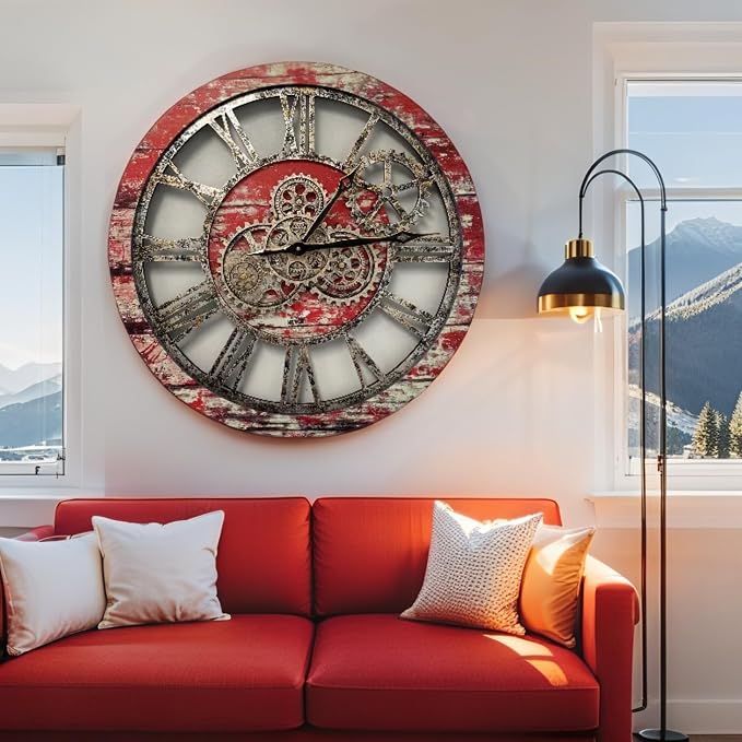 ImprovingLife The Gears Clock The Original Real Moving Gear Wall Clock Vintage Industrial Oversized Rustic Farmhouse (24 inch (60cm),Red Lava)