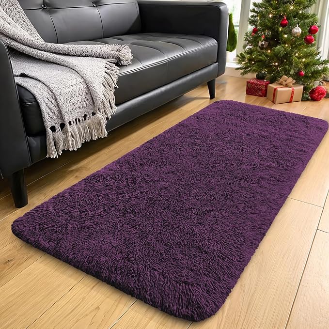 OLANLY 2x6 Machine Washable Runner Rugs for Hallway, Soft Fluffy Shaggy Bedside Rugs for Bedroom, Living Room, Indoor Floor Carpet for Kids Girls and Boys, Home Decor Aesthetic, Dark Purple