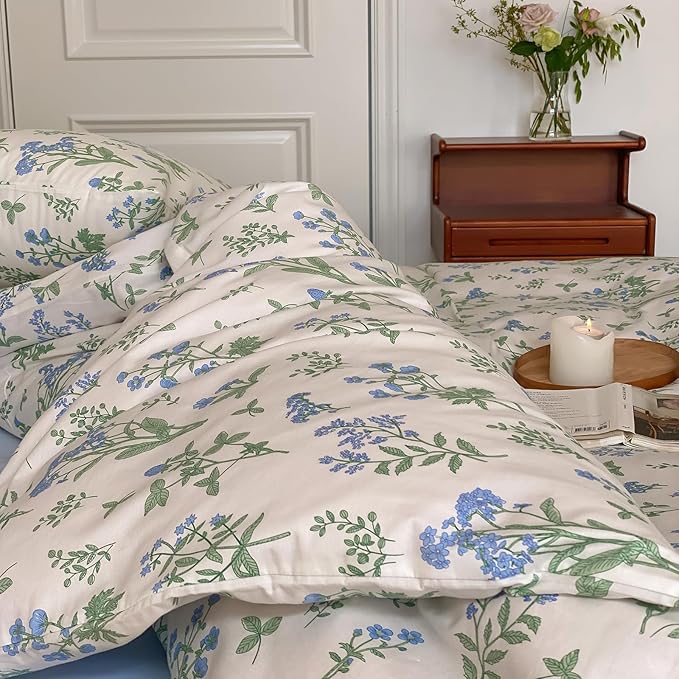 HighBuy Blue Floral Comforter Set King White Green Botanical Bedding Comforter Set Bed Soft Cottagecore Blue Flowers Bedding Set Coquette Aesthetic Farmhouse,1 King Comforter with 2 Pillowcase