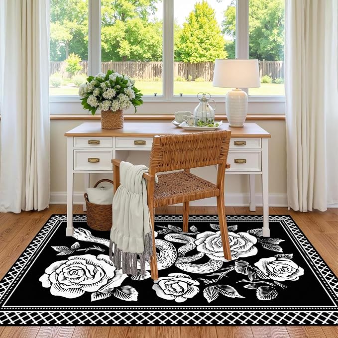 4'x6' Gothic Snake and Rose Area Rug Black and White Floral Vine Floor Mat Retro Boho Carpet Washable Low Pile Indoor Rugs for Entryway Bedroom Living Room Kitchen Home Decor