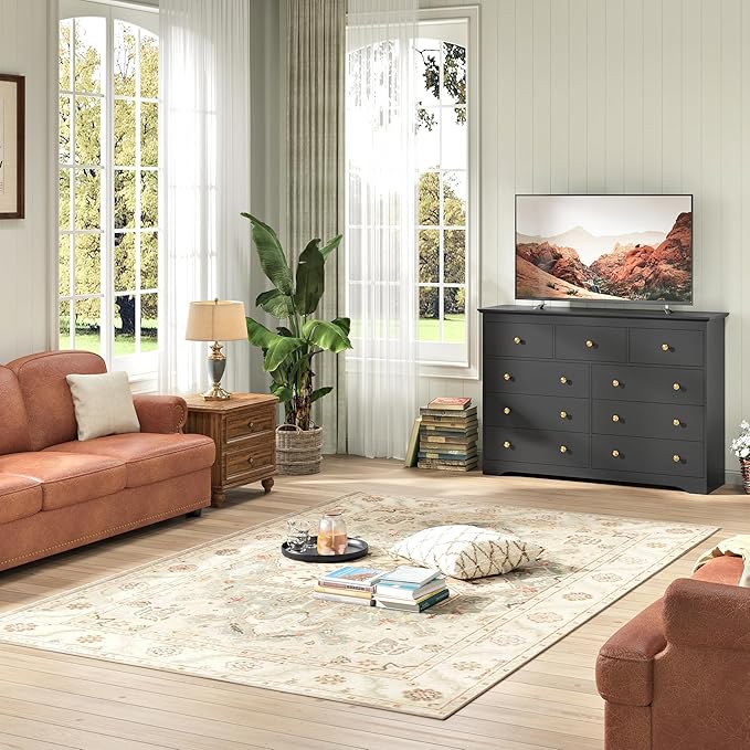 Black Dresser for Bedroom，55" Wide 9 Drawers Dressers,Modern Wooden Chest for Living Room, Hallway