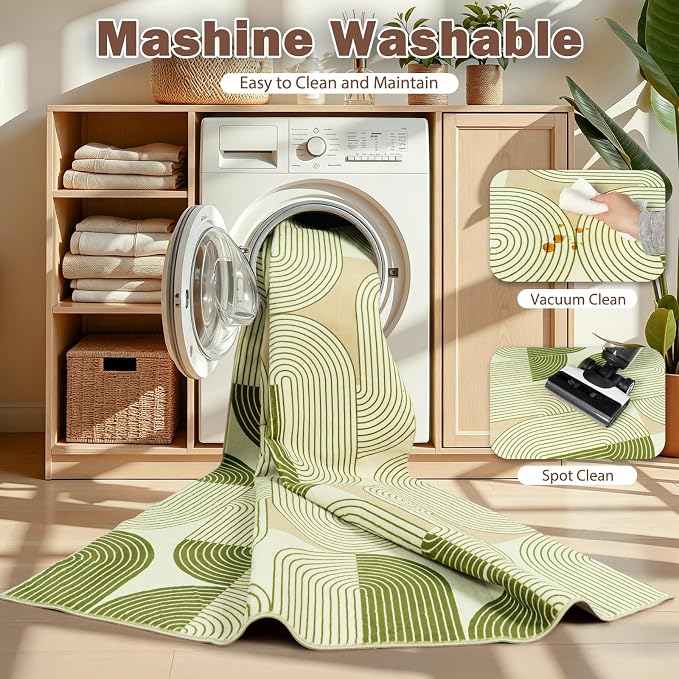 9x12 Area Rugs for Living Room, Washable Green Rug for Bedroom, Soft Mid Century Modern Rug, Non Slip Indoor Floor Low Pile Abstract Carpet for Dining Room Nursery Office Home