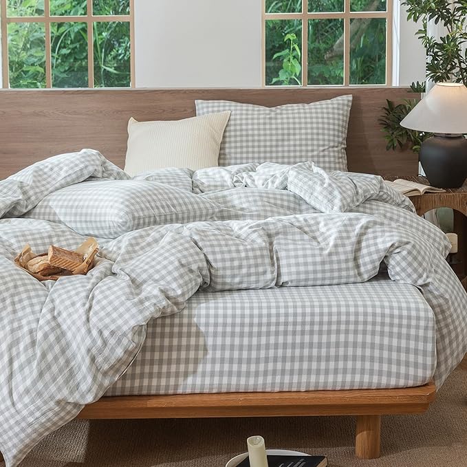 MooMee Gingham Duvet Cover Set 100% Washed Cotton Linen Like Textured Breathable Durable Soft Comfy Modern Checkered Design (Northern Droplet Grey Gingham, Queen 90"x90")