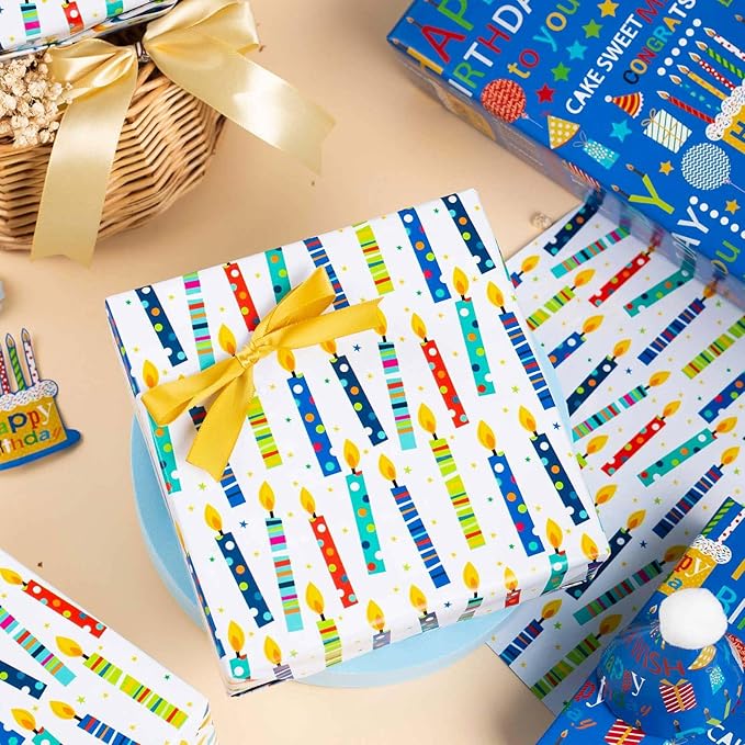 Homeral Blue Birthday Wrapping Paper Roll - Happy Birthday Lettering & Colorful Candles, Reversible Design for Boy Baby Shower, Party - Mini Roll - 17 Inch x 33 Feet