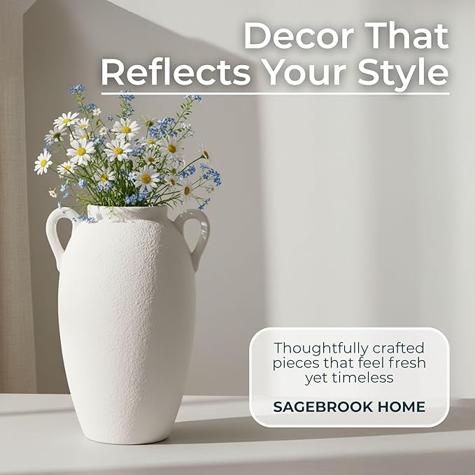 Decorative Vase for Home Decor – Textured Ceramic Jug with Handles, White Table Vase for Flowers, Modern Centerpiece for Living Room Styling or Shelf Displays, Casual Home Accent – 13", White