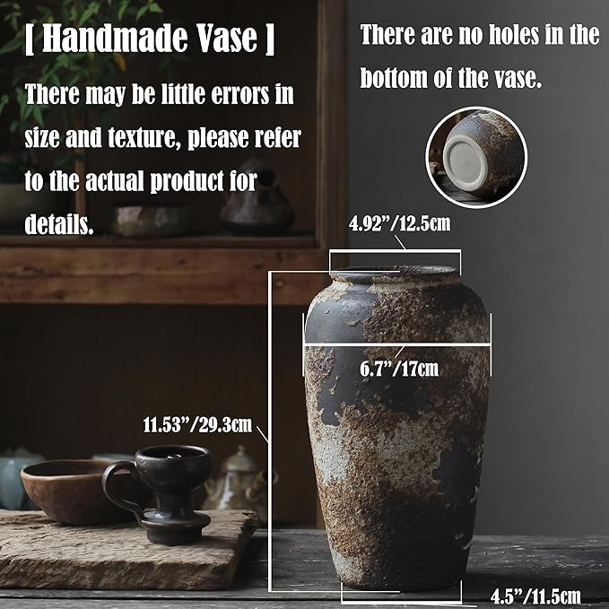 Denique Rustic Vase for Home Decor, Farmhouse Terracotta Vases, Large Ceramic Vase for Living Room Decor, Black Pottery Vase Large Clay Vase, Rustic Farmhouse Tabletop Decor(C-29cm)