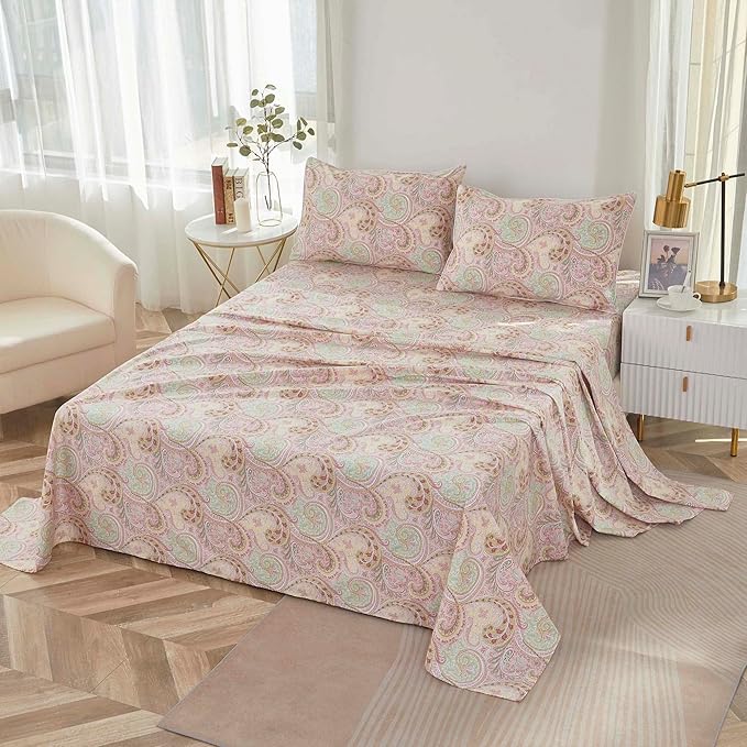 Brandream Bed Sheet King Size Boho Paisley Bedding Pink Watercolor Farmhouse Sheets Set Luxury Bedding Collections 800 Thread Count 100% Egyptian Cotton Deep Pocket, 4 Piece