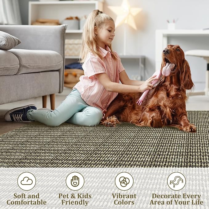 Washable 10x13 Modern Braided Print Area Rug for Living Room Low Pile Soft Bedroom Rugs Non Slip Modern Large Carpet Thin Foldable Boho Vintage Indoor Carpet for Playroom Open Living Room, Taupe