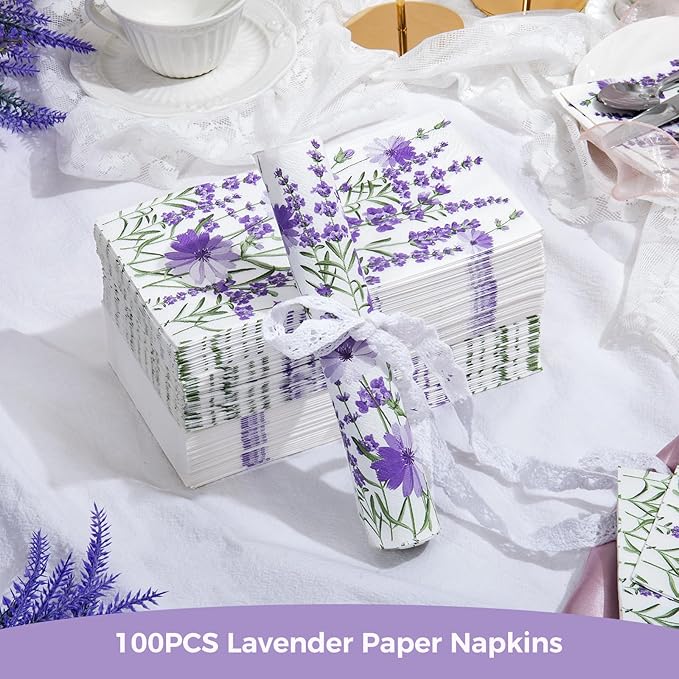 Homlouue Purple Lavender Floral Napkins, 100PCS 3 Ply Guest Towels Disposable Bathroom, Floral Paper Napkins Disposable, Flower Paper Napkins Decorative for Spring Summer Fall Party Decorations