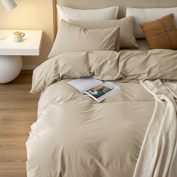 JIYUAN 100% Washed Cotton Duvet Cover Set 3 Pieces King, 1 Duvet Cover 104x90 Inches(Comforter Not Included) and 2 Pillowcases,Linen Feel Bedding Set Comfy and Breathable, Heathered Tan