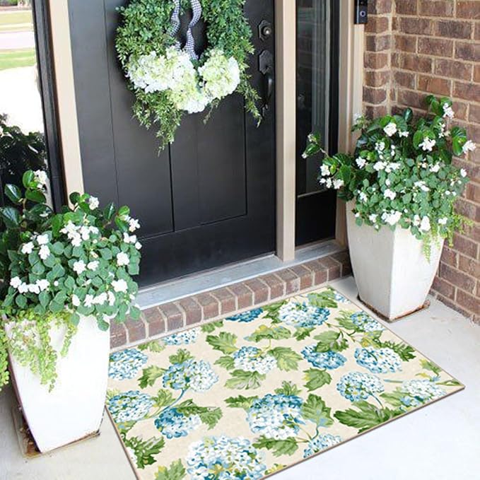 Front Door Mat Outside Entrance - 2x3 Spring Non-Slip Washable Doormat Indoor Outdoor Entrance Light Blue Green Floral Rug Small Throw Rugs for Entryway Bedroom Kitchen Front Porch Decor