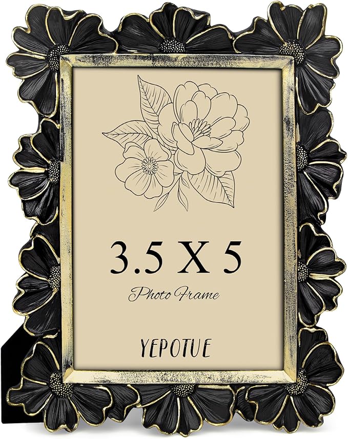 3.5x5 Vintage Flower Picture Frame, Ornate Antique Photo Frame with Glass Front, Elegant Picture Frame for for Wall or Tabletop Display, Gift ldeas for Home Decor (Black Gold)