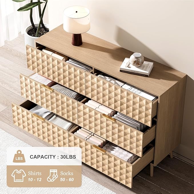 Dresser for Bedroom,Chest of Drawers with Diamond-Shaped 6 Drawer Dresser,Bedroom Dressers TV Stand for Living Room(Natural Oak)