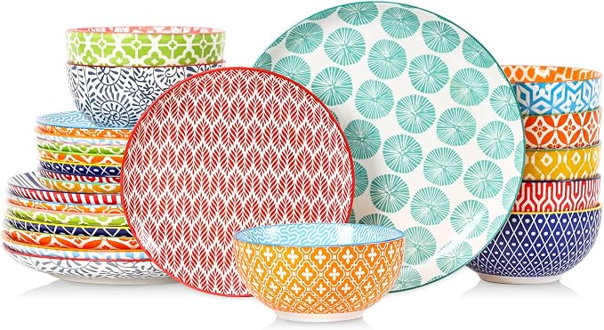 Selamica Ceramic Plates and Bowls Sets,24 Pieces Dinnerware Sets for 8,Scratch Resistant Dish Set for family gathering,Dishwasher & Microwave Safe, Assorted Colors
