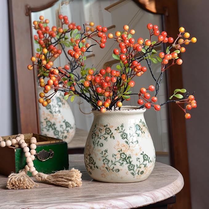 Vintage Flower Vase, Chinoiserie Floral Ceramic Vase for Home Decor, Green and White Decorative Vases for Centerpiece Table Decorations, Vases for Living Room Kitchen Entryway Mantle Shelf Decor Vase
