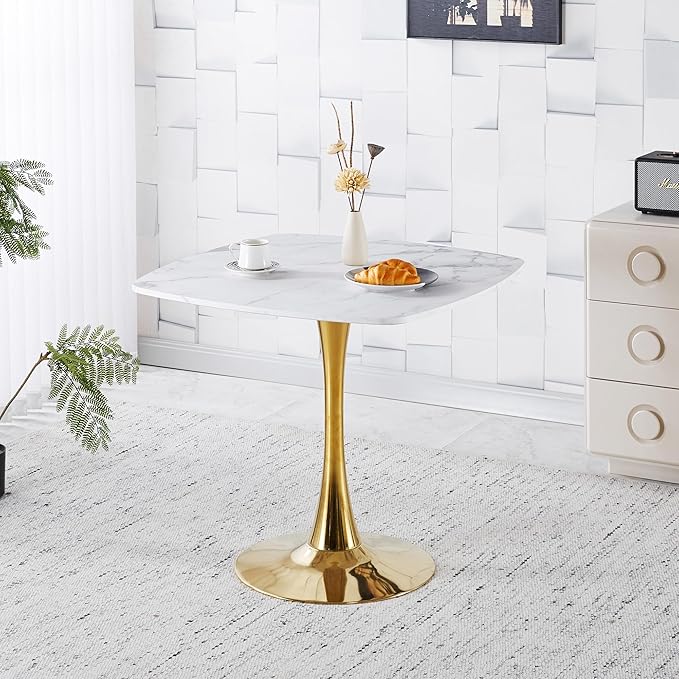 31.5 Inch Square Dining Table for 2 to 4 Person Mid Century Modern Tulip Table with Metal Pedestal Base Thick MDF Top for Apartment Kitchen Bistro Office, White and Golden