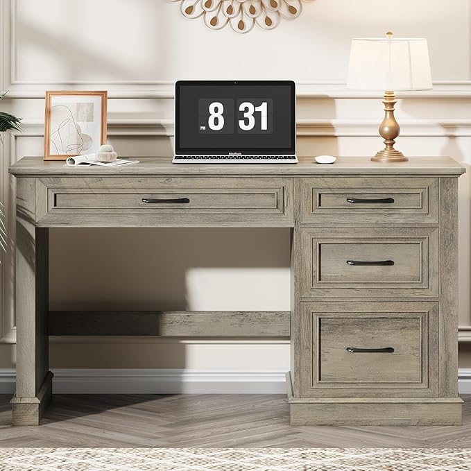 Farmhouse 47" Executive Desk, Computer Desk with Drawers and File Drawer, Workstation Computer Desk with Charging Station for Home Office,Study（Wash Grey）