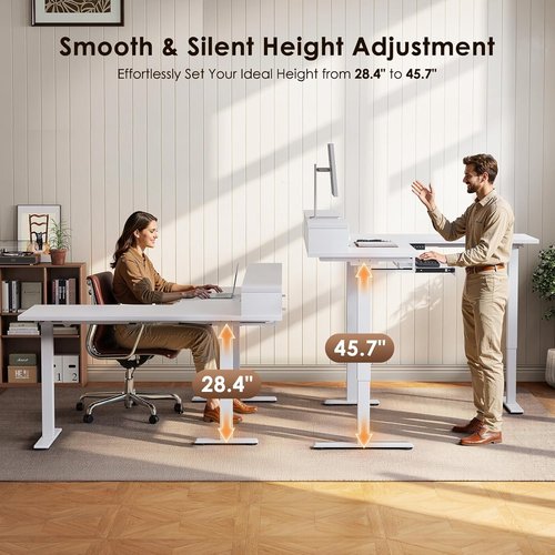 OffiGo L-Shaped Electric Standing Desk - Height Adjustable with Drawers & Monitor Stand | 59 Inch White