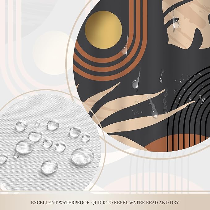 Glawry Black Boho Mid Century Shower Curtain Abstract Beige Leaves Minimalist Simple Aesthetic Arch Sun Modern Bathroom Botanical 60Wx72L Inches Bath Accessories Art Home Decor Fabric 12 Pack Hooks