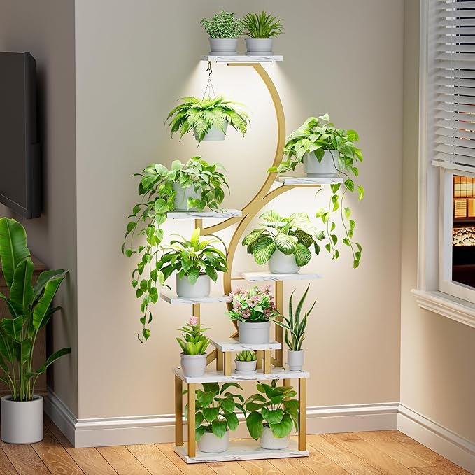 Plant Stand with Grow Lights for Indoor Plants, 8-Tiered Tall Corner Plant Shelf with Full Spectrum Light, S-Shaped Space-Saving Narrow Flower Holder, Anti-Tip for Living Room Bedroom, Faux Marble