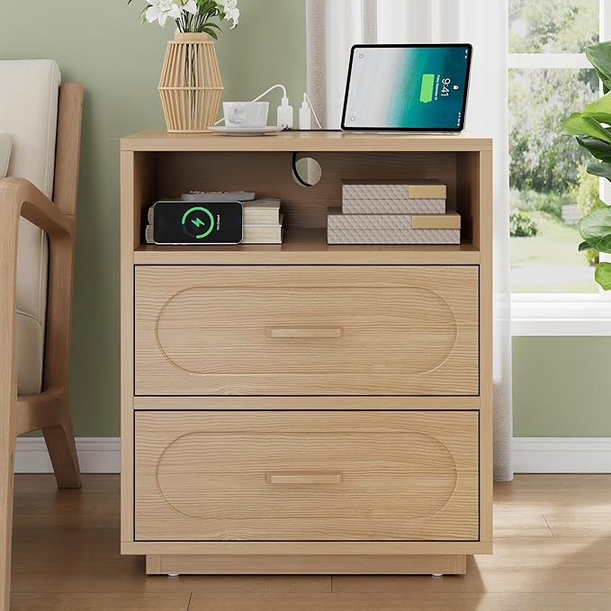 25.8" Tall Night Stand with Charging Station, 21.7" Wide Wood End Table with 2 Storage Drawers, Open Shelf & Unique Base, Mid Century Modern Bedside Table for Bedroom, Living Room, Natural Oak