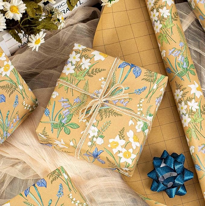 MAYPLUSS Kraft Floral Wrapping Paper - 17Inch x 33Feet - Elegant Meadow Gift Wrap Boho Garden Watercolor Flower Gift Wrapping Paper for Birthday, Wedding, Mothers Day, Bridal Shower, Engagement