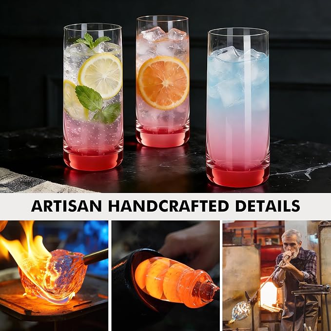 Red Highball Glasses Set of 6,13oz Red Drinking Glass Cups for Mixed Drink Cocktail, Beer, Mojito, Water and Juice,Thick Tall Crystal Glassware for Kitchen, Restaurant, Home Bar and Parties
